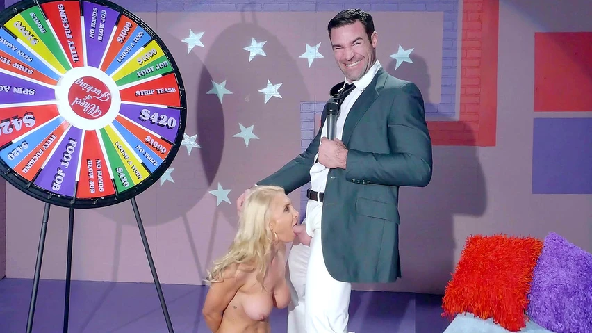 Busty blonde Alix Lynx gives a no hands blowjob on game show ...